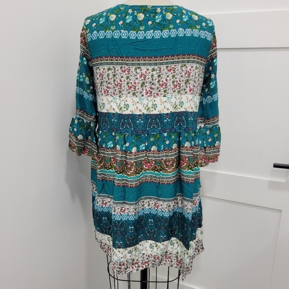 Mokingtop Women's Bohemian Floral  V-neck tied up 3/4 Bell Sleeve Dress M - Picture 5 of 11